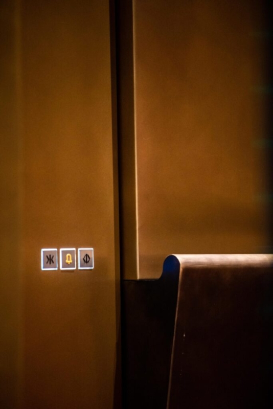 bronze interior of an elevator