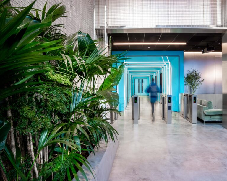 Blue hallway in an office complex