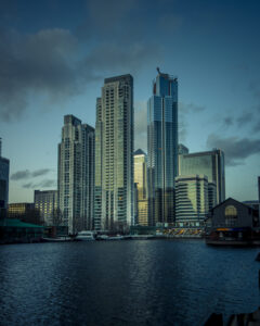Tall buildings, architecture, London, dusk, river, docks