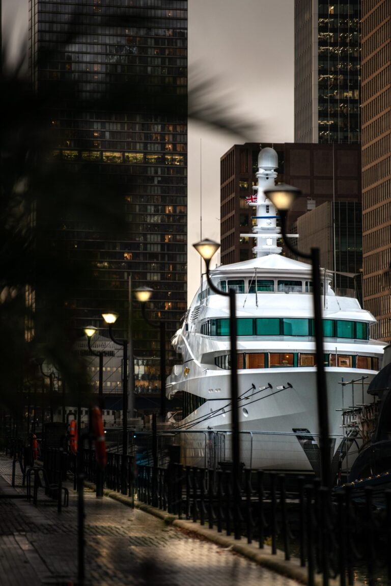 Large superyacht in the London docklands harbour.