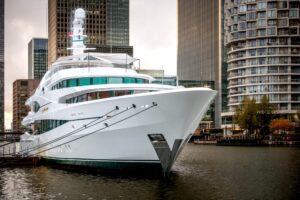 A superyacht in the docks of london